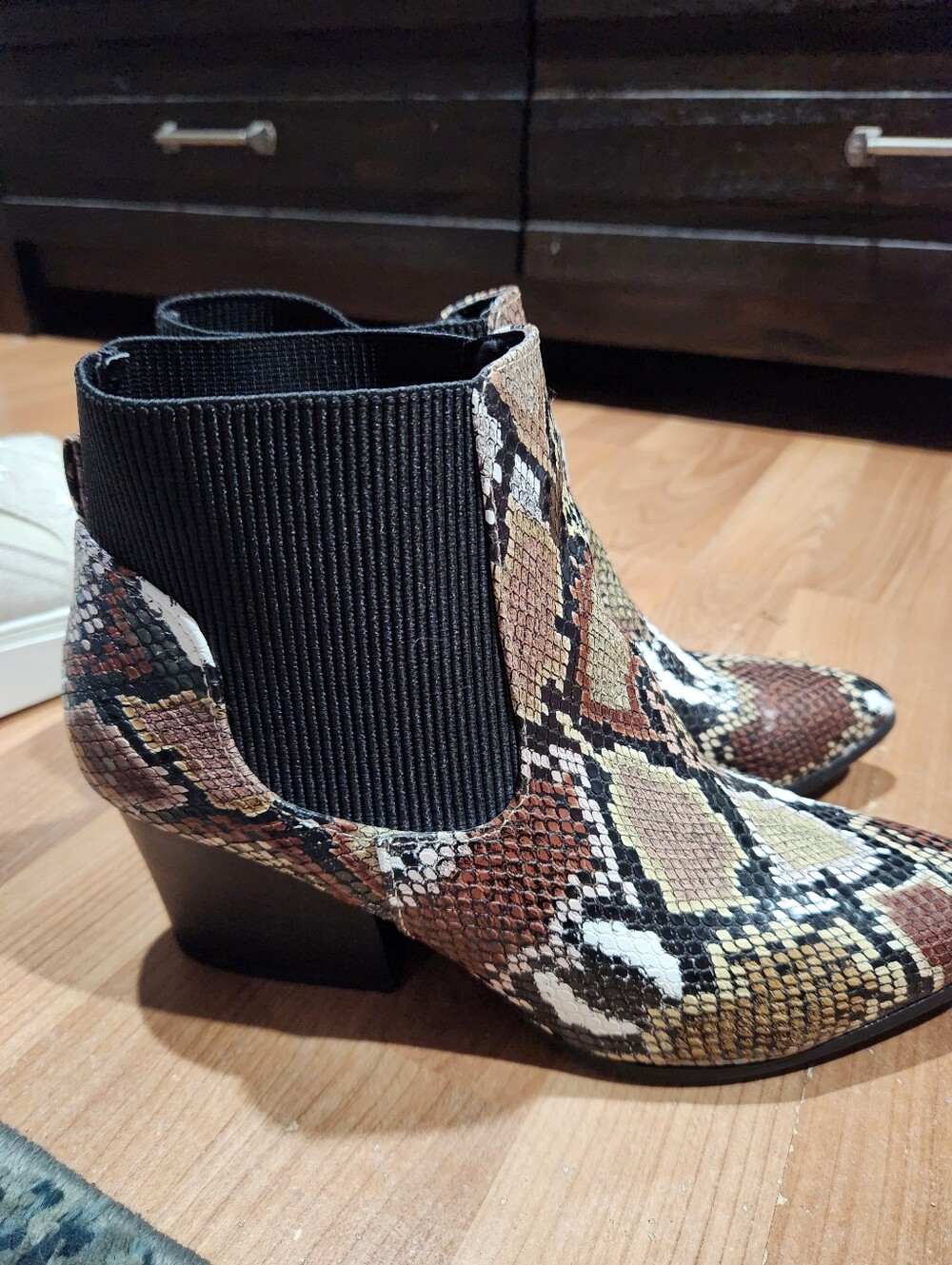 Qupid Snake-Print Chelsea Booties in Brown Multi